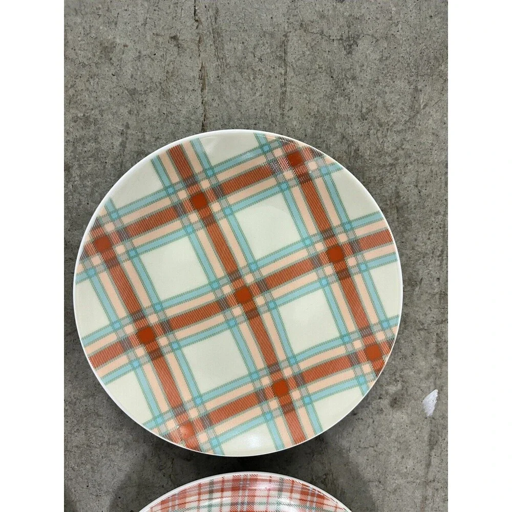 Lot of 4 Pier One Imports Orange & Teal Plaid Porcelain 6-inch Snack Plates